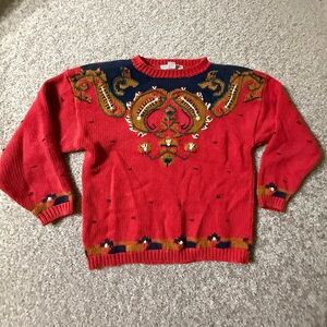 Vintage 80s Segue Red Ramie Cotton Embroidered Sweater M